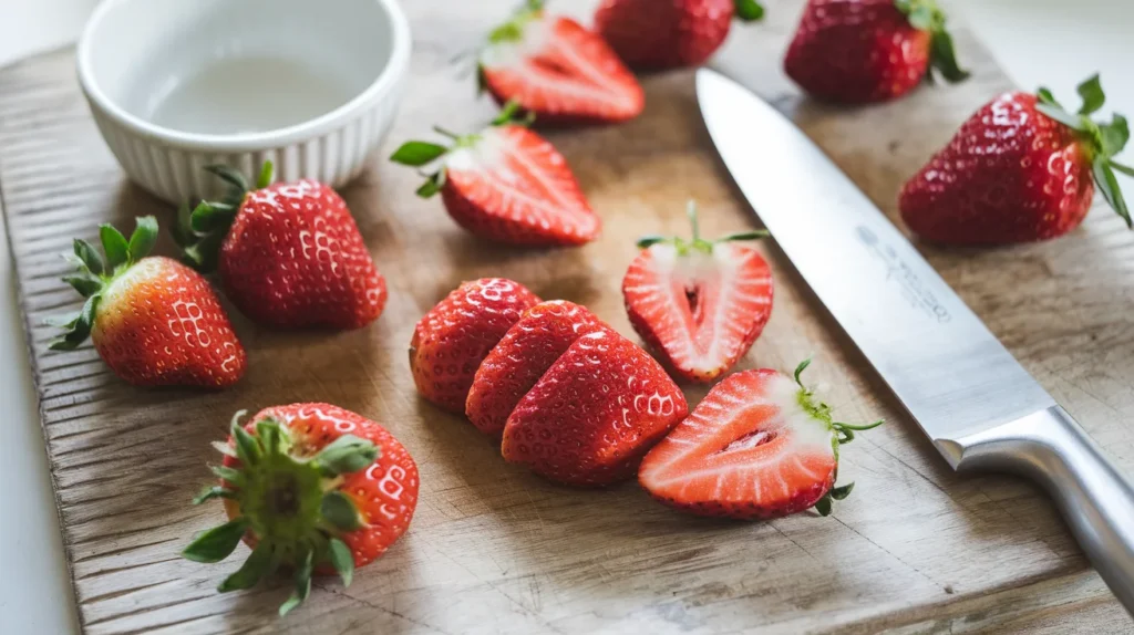 Sliced strawberries on a cutting board ready for a refreshing drink