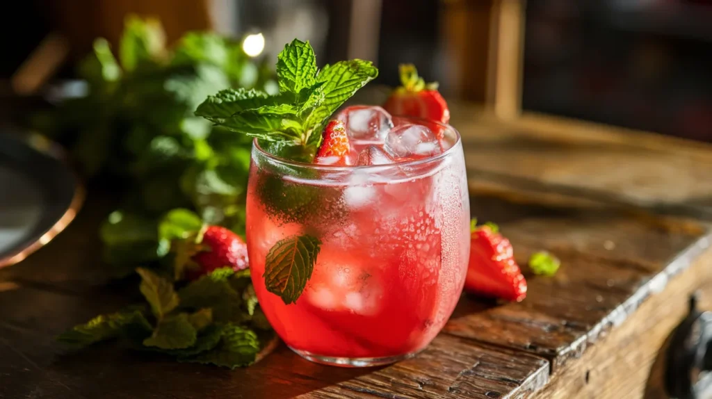 Finished pink drink garnished with fresh mint and strawberries