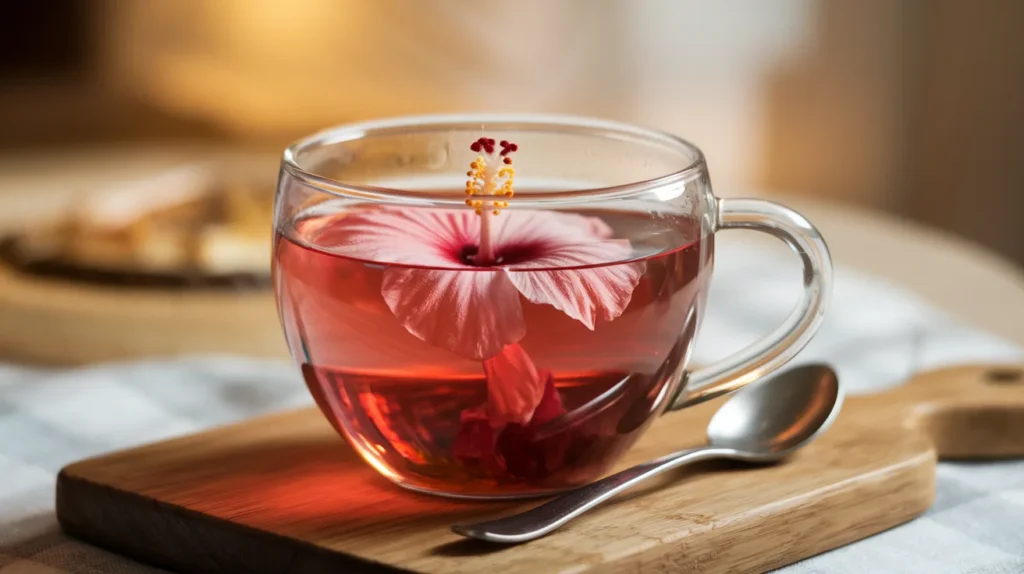 Steeping hibiscus tea for the pink drink recipe