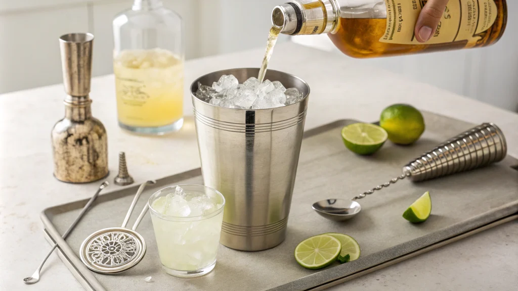 Pouring tequila, lime juice, and agave nectar into a cocktail shaker filled with ice to prepare a skinny margarita recipe