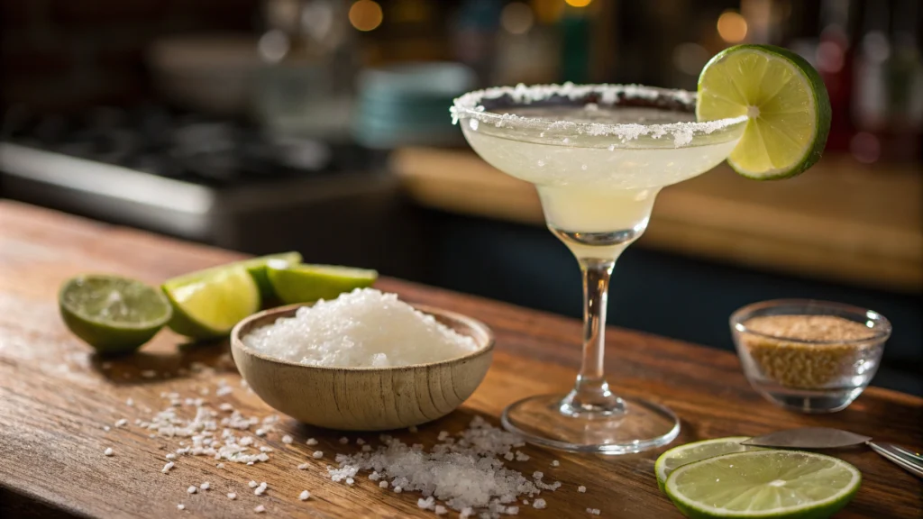 Rimming a margarita glass with coarse salt for a skinny margarita recipe, with lime wedges scattered on a wooden table