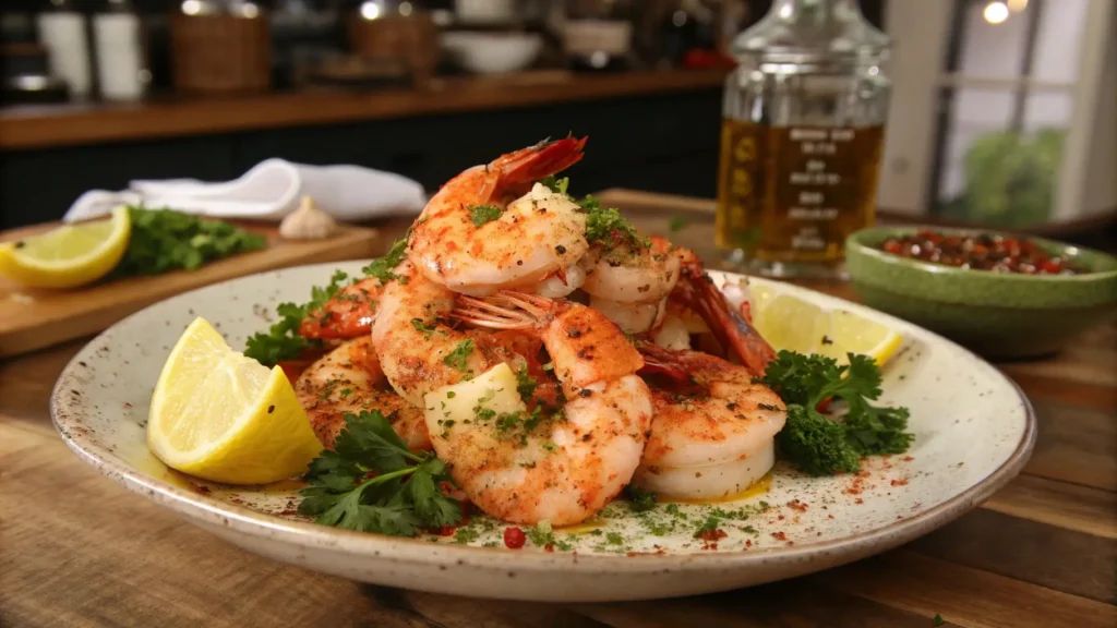 Plump shrimp coated in paprika, garlic, and cayenne, garnished with fresh parsley and lemon wedges, served on a rustic plate.