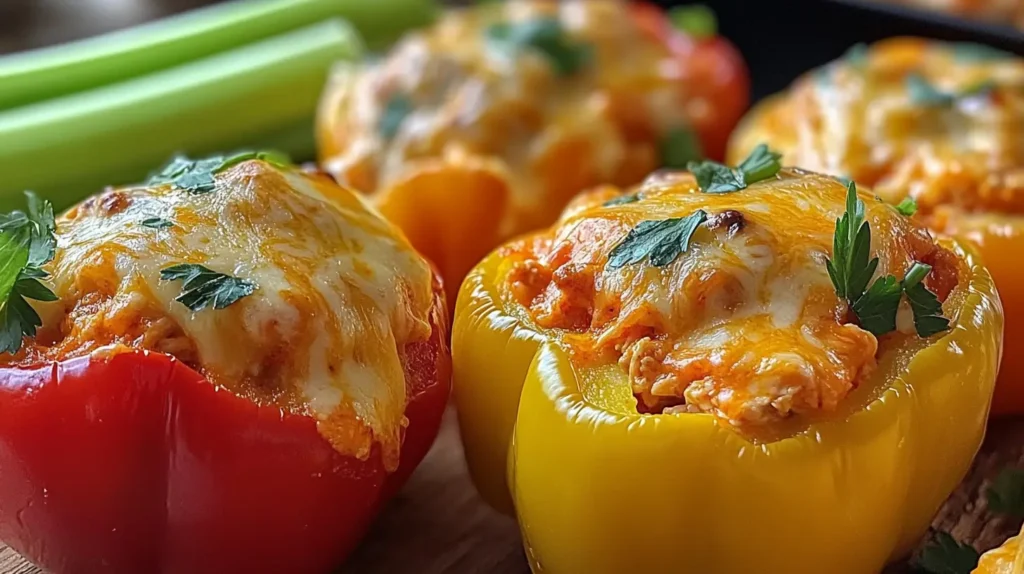 Close-up of colorful stuffed bell peppers with melted cheese and parsley garnish.