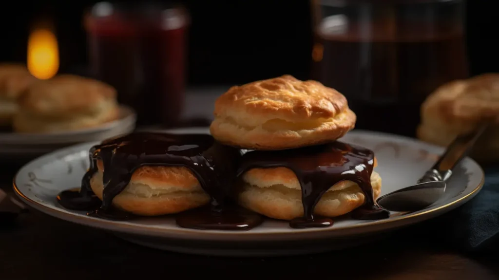 Chocolate Gravy generously poured over a plate of freshly baked biscuits.