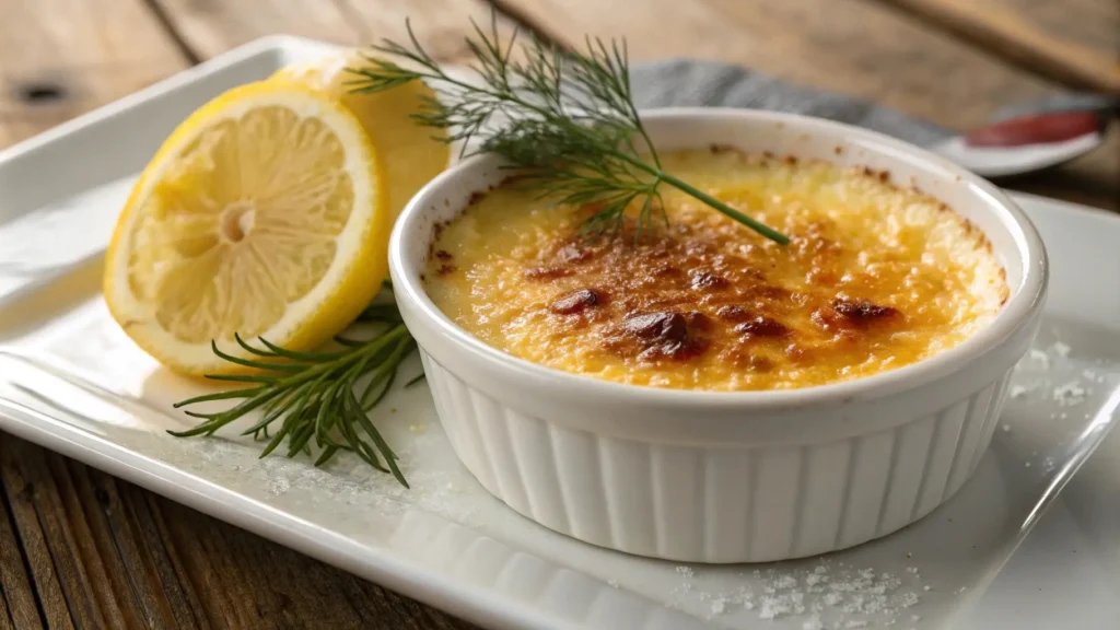 A golden crab brulee served in a white ramekin, garnished with fresh dill and lemon slices on a white plate.