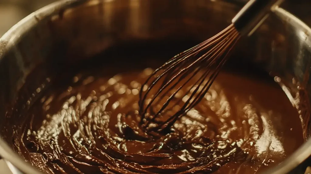 A whisk stirring chocolate gravy mixture in a saucepan as it thickens.