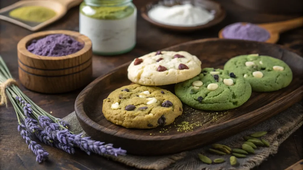 Rustic wooden tray filled with unique cookies, featuring ingredients like lavender buds, white chocolate chunks, and matcha powder. Cultural elements like chili powder and lavender sprigs in the background add a global touch.