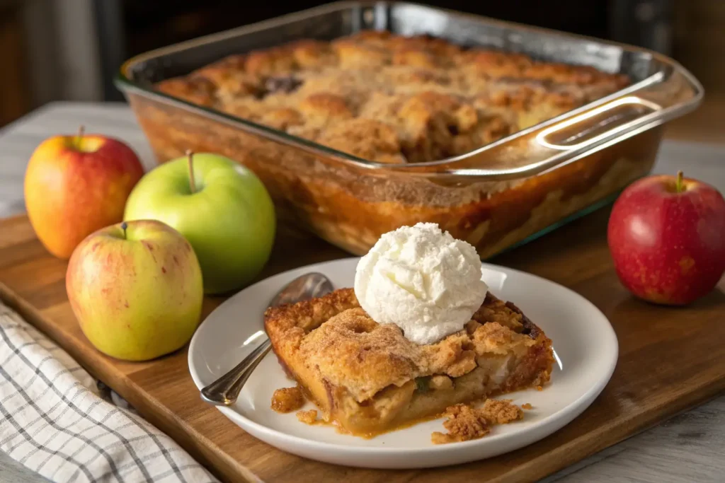 Freshly baked apple cobbler in a rectangular glass dish with a golden-brown crust. A serving is placed on a white plate, topped with whipped cream, and surrounded by colorful apples on a wooden surface.