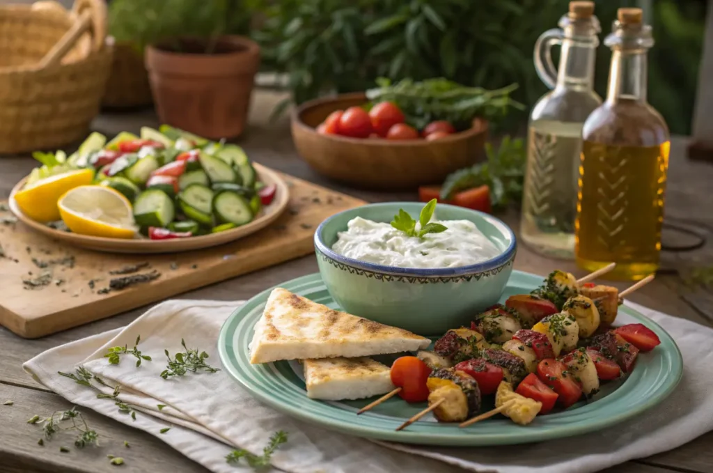 A rustic table filled with traditional Greek dishes, including Tzatziki sauce, Greek salad with cucumbers and feta, grilled Souvlaki skewers, and Spanakopita triangles, styled with olive oil bottles, fresh herbs, and lemons under soft natural light.