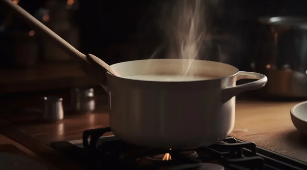 Milk warming in a saucepan over medium heat for making chocolate gravy.