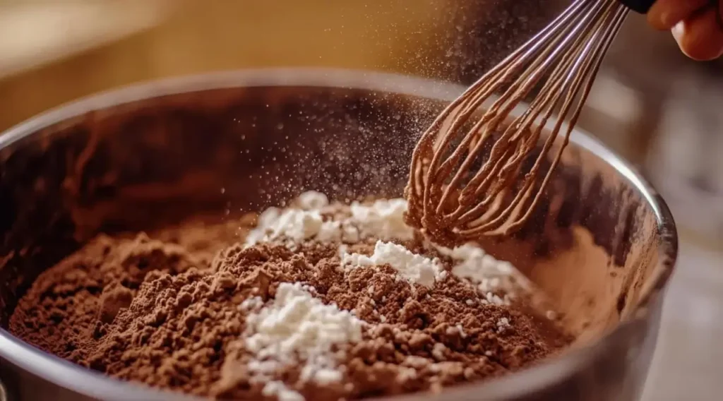 Close-up of dry ingredients being whisked in a bowl for chocolate gravy preparation.