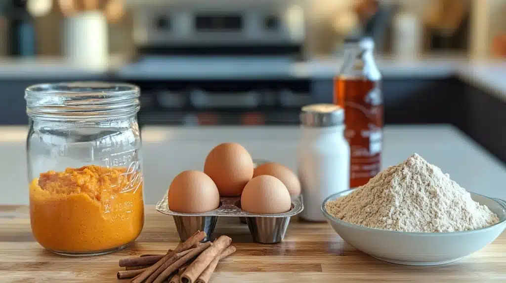 Key ingredients for almond flour pumpkin muffins, including almond flour, pumpkin puree, eggs, maple syrup, and spices, arranged on a wooden countertop.