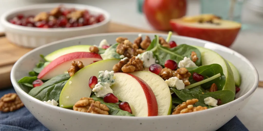 A beautifully plated apple walnut salad with fresh greens, red and green apple slices, toasted walnuts, blue cheese crumbles, pomegranate seeds, and creamy vinaigrette dressing, garnished with edible flowers and black pepper.