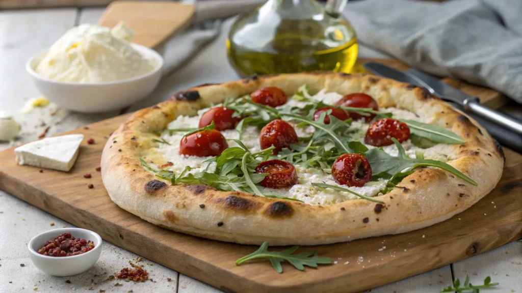 Freshly baked ricotta pizza with a golden crust, creamy ricotta cheese base, cherry tomatoes, arugula, and olive oil drizzle on a rustic wooden board, surrounded by basil, garlic, and olive oil in a warm kitchen setting.