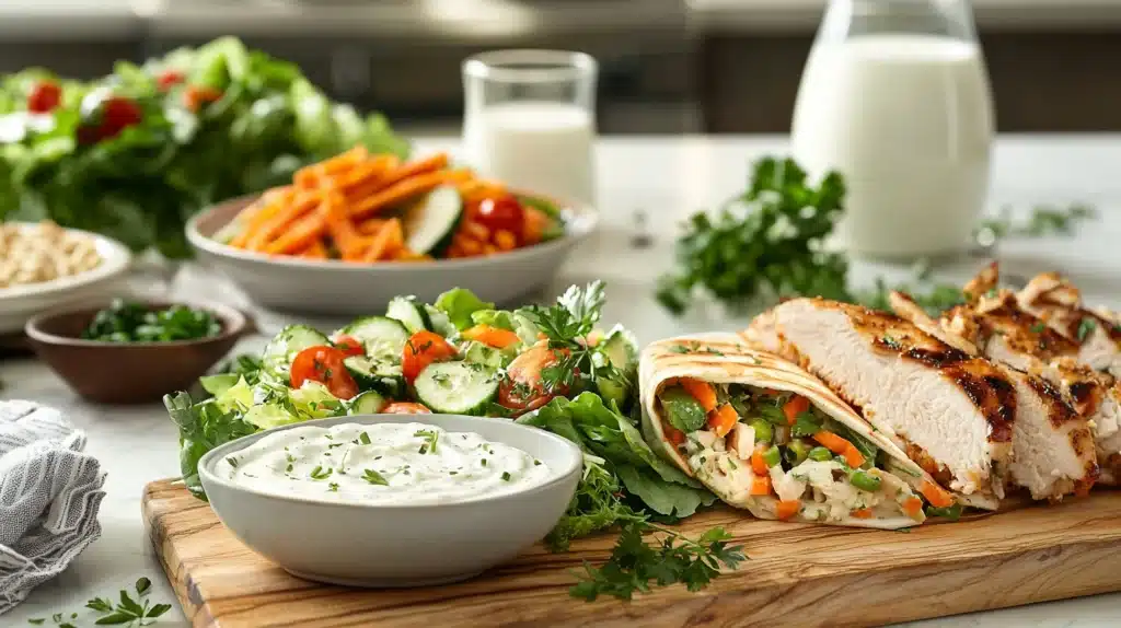 Ranch dip used creatively on a salad, in a turkey wrap, and as a marinade for grilled chicken, surrounded by fresh vegetables on a rustic kitchen counter.