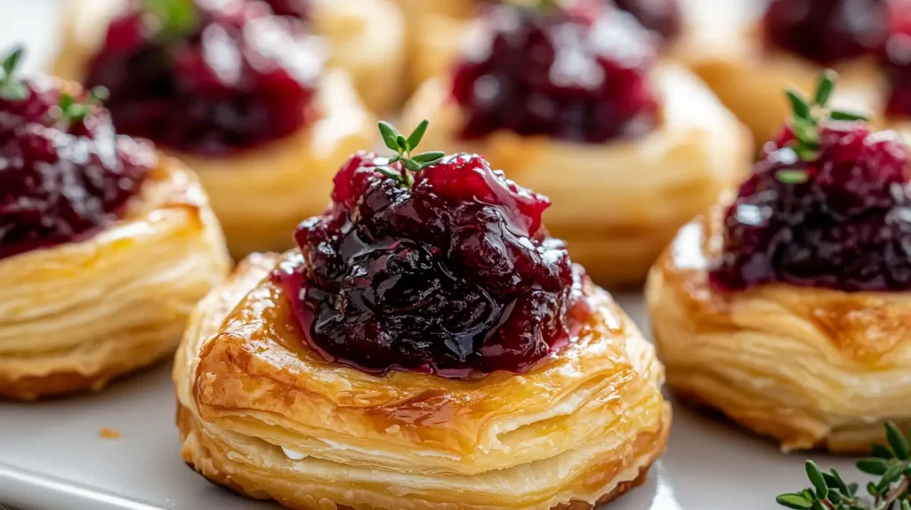 Close-up of golden Brie puff pastry bites topped with cranberry sauce and honey, photographed in a stylish kitchen.