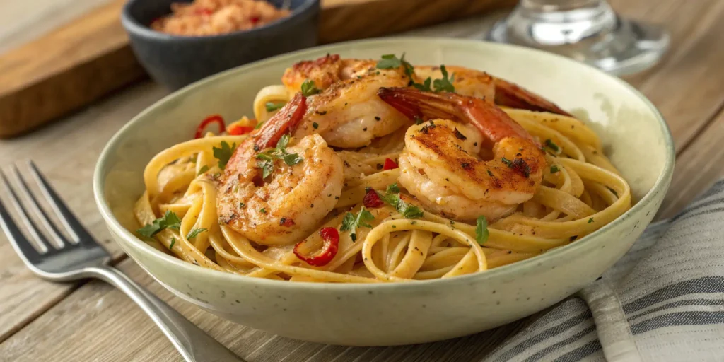 Cajun shrimp pasta served in a bowl, with golden shrimp, creamy sauce, fresh parsley garnish, and a lemon wedge on a rustic wooden table, accompanied by a glass of white wine and dining utensils.