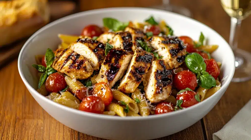 A bowl of Caprese chicken pasta with seared chicken, cherry tomatoes, mozzarella, basil, and balsamic glaze, served on a wooden table.