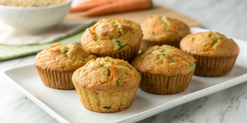 A plate of freshly baked carrot zucchini muffins, golden brown, moist, and appetizing, displayed on a clean white plate.