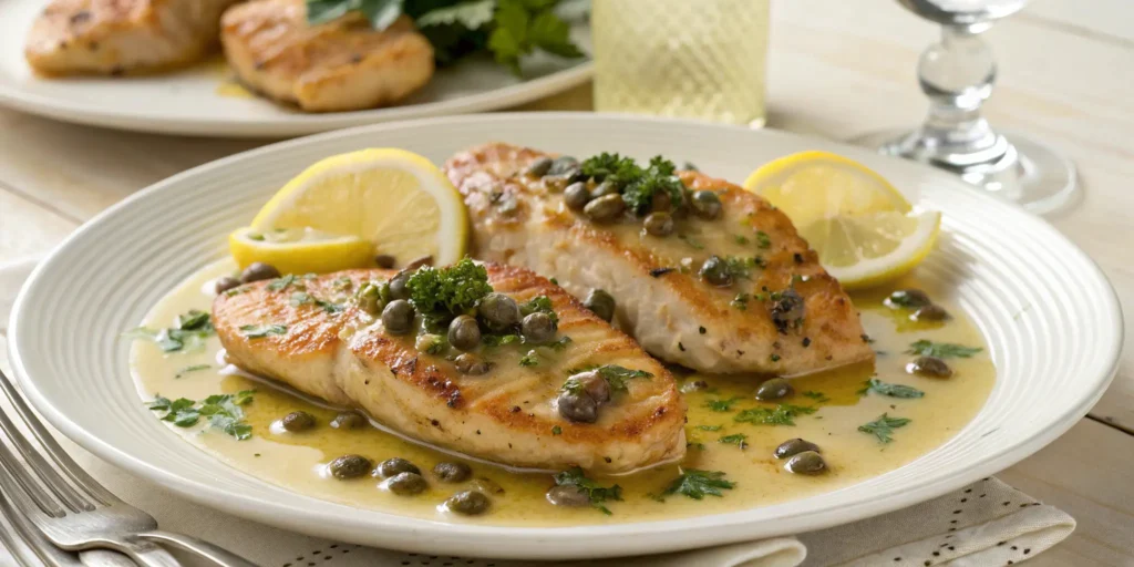 Chicken piccata dish with golden chicken, lemon slices, capers, and fresh parsley on a white plate.