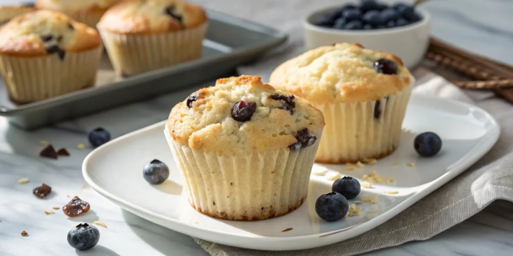 Freshly baked coconut flour muffins, golden-brown and gluten-free, served on a white plate, perfect for a healthy snack or breakfast.