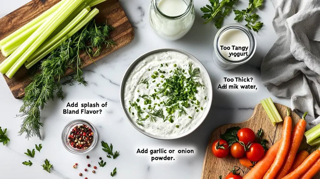 A creamy ranch dip in a white bowl garnished with fresh herbs, surrounded by vegetables, Greek yogurt, a milk jug, and a garlic powder shaker with labeled tips for fixing tanginess, thickness, and bland flavor.