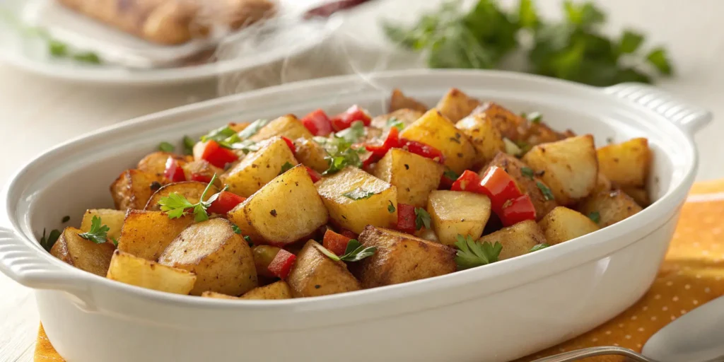 Golden-brown crockpot breakfast potatoes with colorful bell peppers and onions, served fresh in a white ceramic dish.