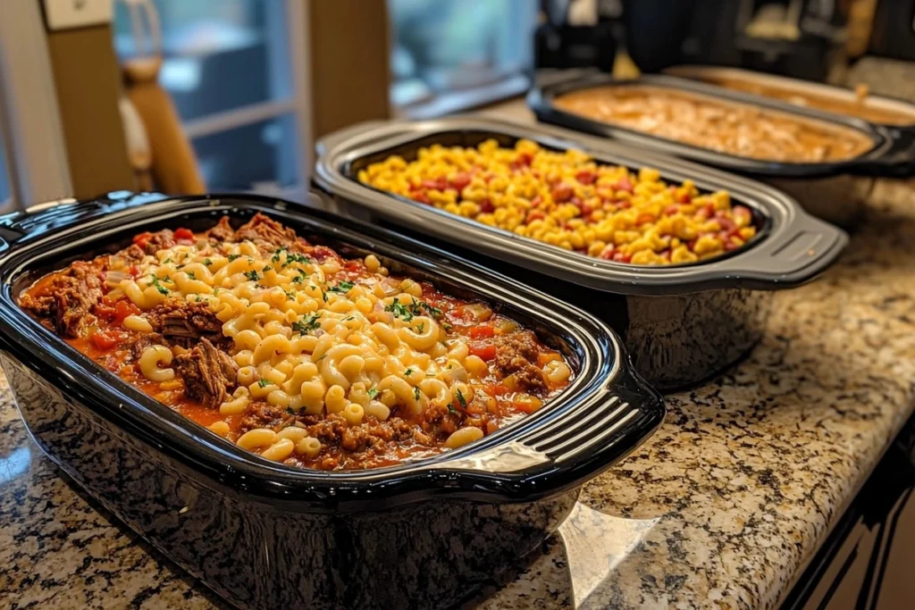 A variety of easy crockpot meals including pot roast, mac and cheese, and chili.