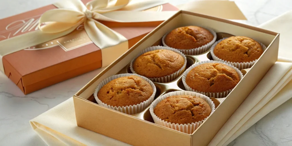 A decorative gift box filled with golden-brown almond flour pumpkin muffins, wrapped with a satin ribbon and ready for gifting, captured in soft natural lighting.