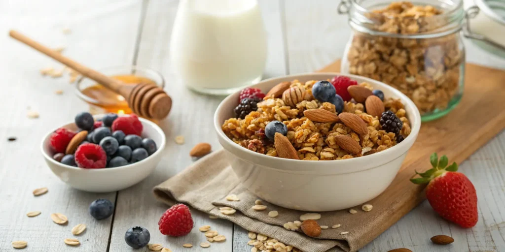 A vibrant bowl of gluten-free granola with oats, almonds, sunflower seeds, dried cranberries, and coconut flakes, served with almond milk and fresh mixed berries.