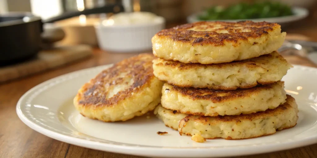 A close-up of golden-brown cauliflower hash browns stacked elegantly on a white ceramic plate, highlighting their crisp texture and appetizing appearance.