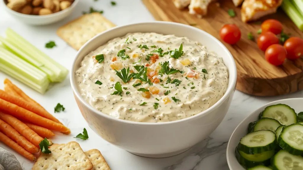 Creamy healthy ranch dip in a white bowl garnished with parsley, dill, and chives, surrounded by fresh vegetables and whole-grain crackers.