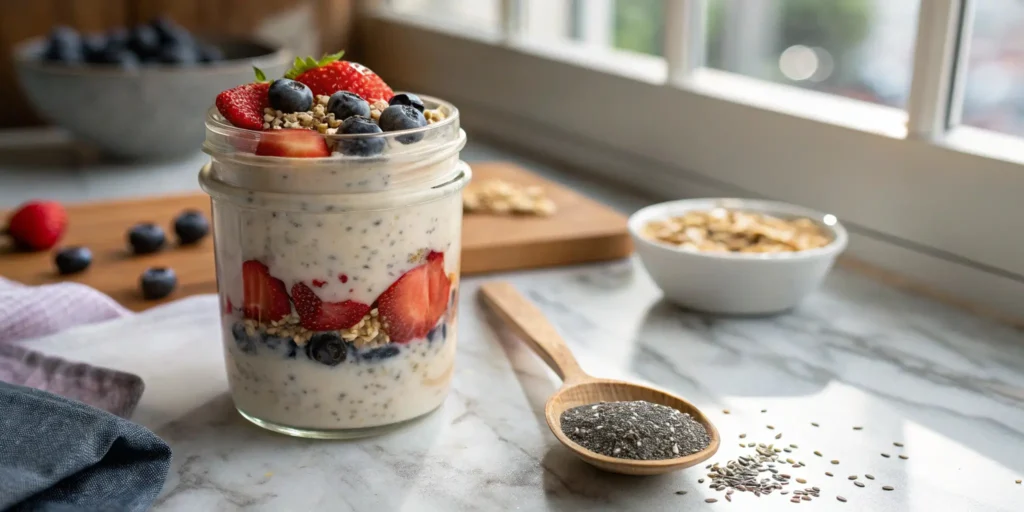 A jar of high protein overnight oats layered with Greek yogurt, fresh strawberries, blueberries, and chia seeds on a marble countertop.