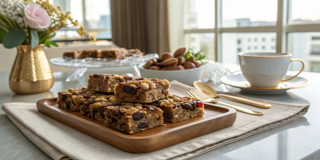 Homemade trail mix bars with layers of nuts, dried fruits, and melted chocolate, arranged on a wooden tray with a linen napkin, gold cutlery, and a cozy dining room setting featuring a vase of fresh flowers and sunlight streaming through large windows.