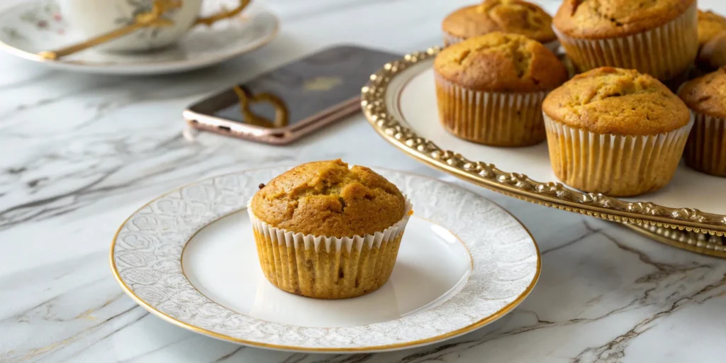 A luxurious display of almond flour pumpkin muffins on a white porcelain plate with gold trim, placed on a marble table, captured in soft natural lighting, showcasing their golden-brown tops and moist texture.