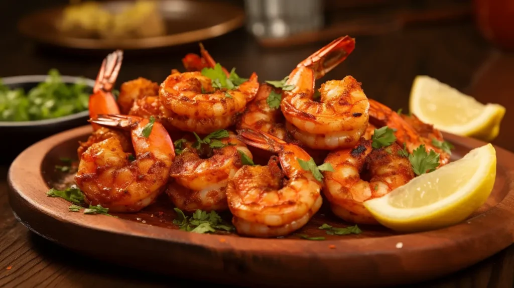 Close-up of perfectly seasoned grilled shrimp, coated with paprika, garlic powder, and fresh herbs like parsley and thyme, on a rustic wooden plate with lemon wedges and cilantro leaves for garnish.