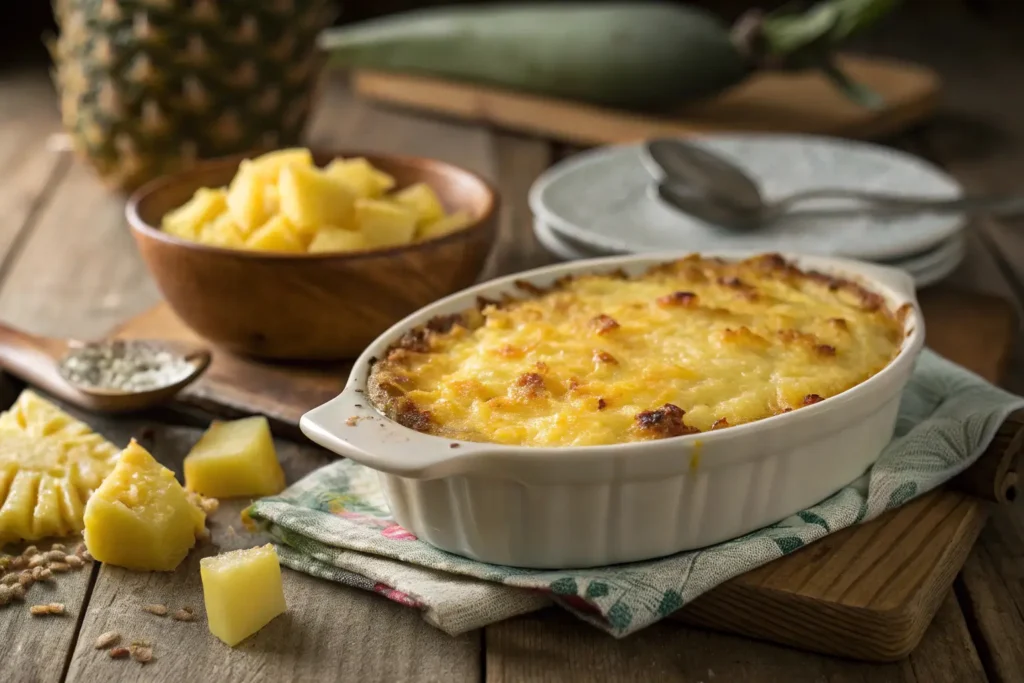 Golden-baked pineapple casserole with crispy edges, served on a rustic wooden table