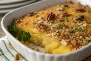 A perfectly baked pineapple casserole with a golden, crisp topping.