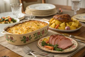 Pineapple casserole served with ham and roasted vegetables at a festive dinner table.