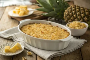 A freshly baked pineapple casserole with a golden-brown cracker topping, served in a white ceramic baking dish on a rustic wooden table.