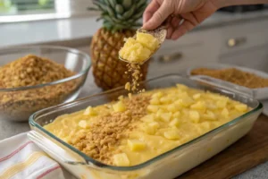 Preparing pineapple casserole by layering the pineapple mixture and topping it with crackers.