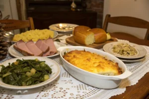 A serving of pineapple casserole being plated at a Southern family gathering.