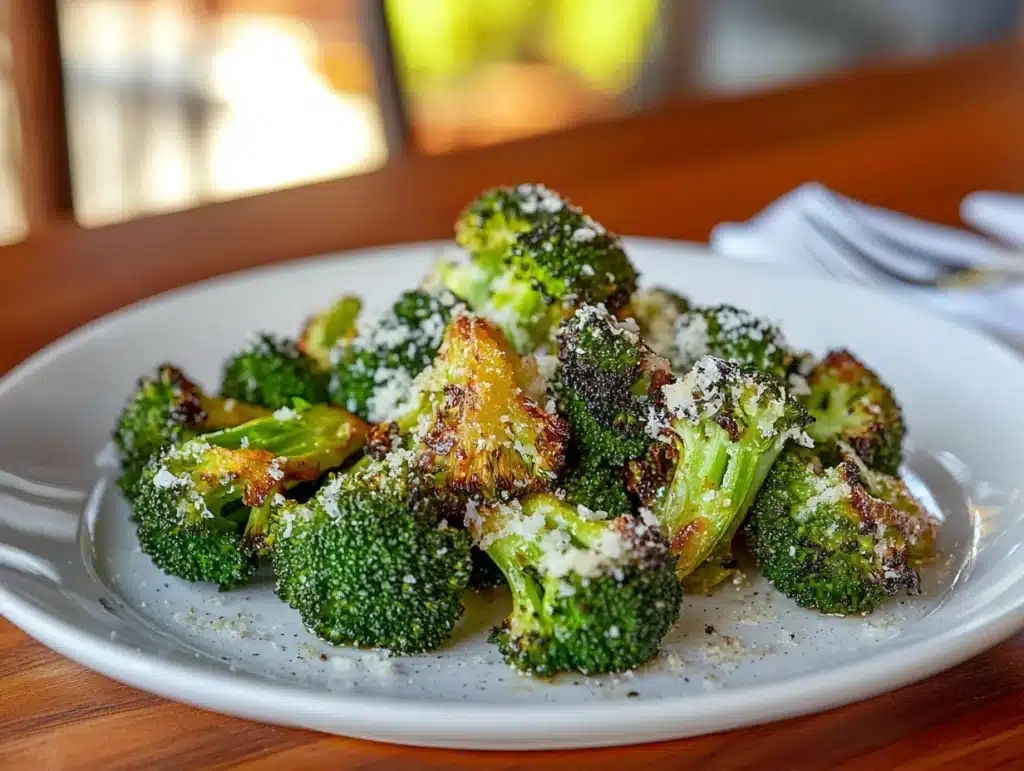 Crispy roasted broccoli with golden-brown edges served on a white plate, garnished with parmesan and black pepper, perfect side dish.