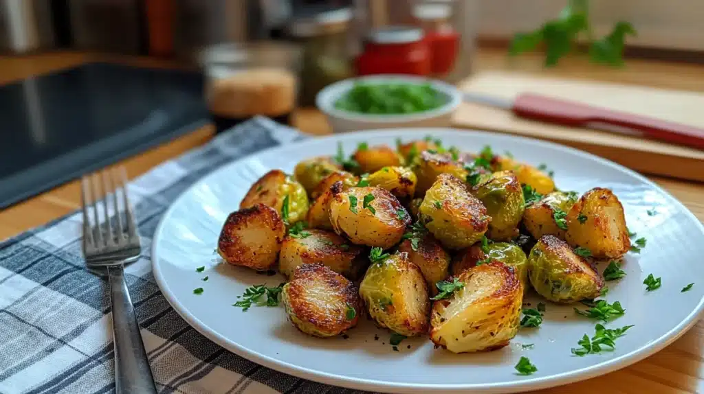 Crispy roasted frozen Brussels sprouts on a white plate, garnished with parsley, placed on a wooden table with a checkered cloth.