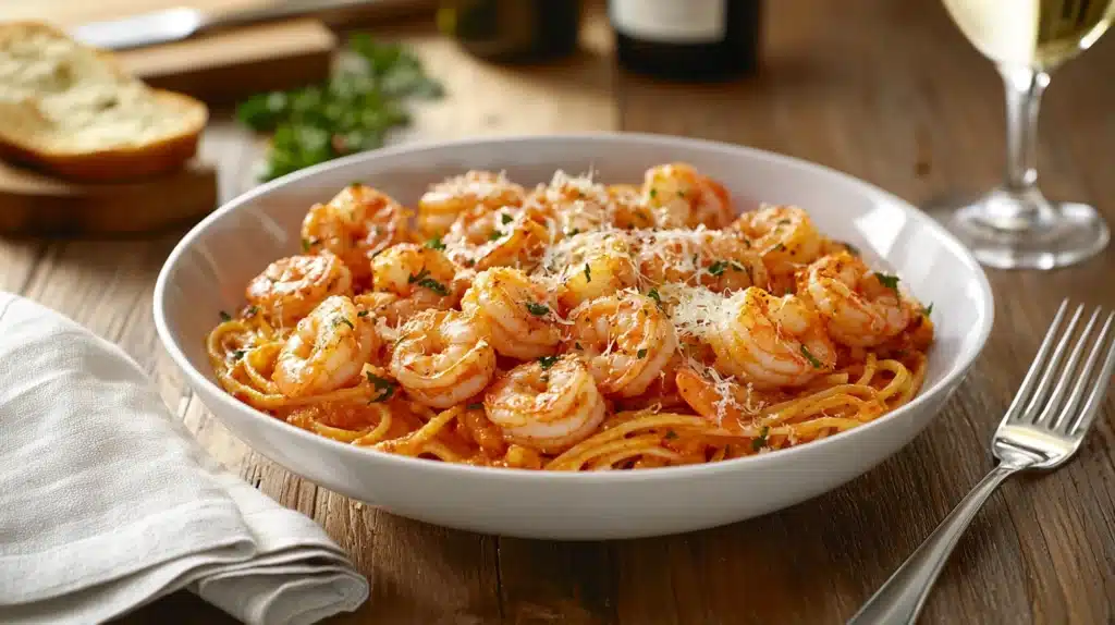 A bowl of shrimp scampi sits on a wooden table.