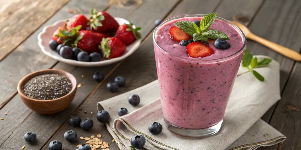 A vibrant strawberry blueberry smoothie in a clear glass with fresh fruit garnish, served on a rustic wooden table, perfect for a refreshing healthy drink.