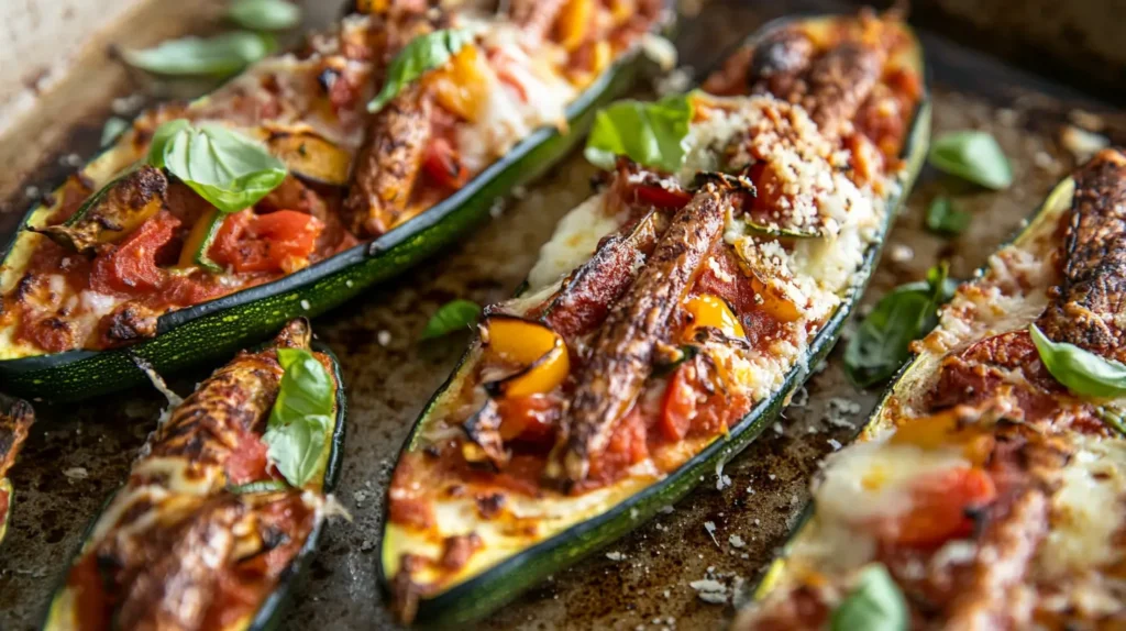 Healthy stuffed zucchini boats filled with roasted vegetables, melted cheese, and garnished with fresh basil leaves.