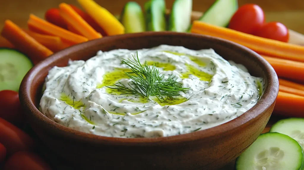 A creamy yogurt veggie dip served in a rustic ceramic bowl, garnished with fresh dill and olive oil, surrounded by colorful fresh vegetables including carrot sticks, cucumber slices, cherry tomatoes, and bell pepper strips on a wooden kitchen counter.