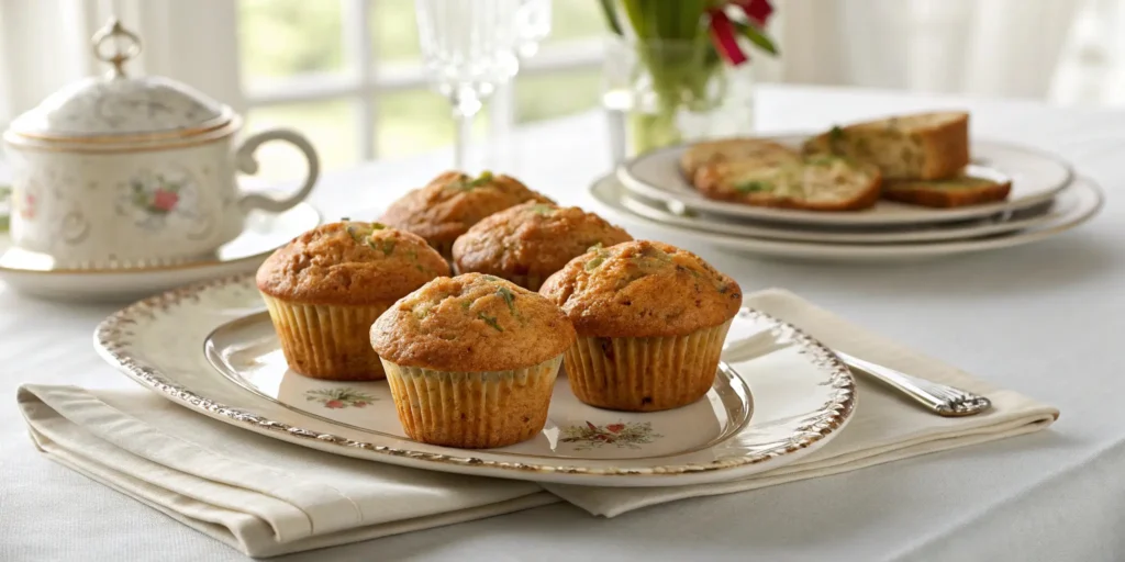 Freshly baked zucchini carrot muffins arranged elegantly on a fine ceramic platter, placed on a beautifully set dining table with a luxurious and inviting ambiance.