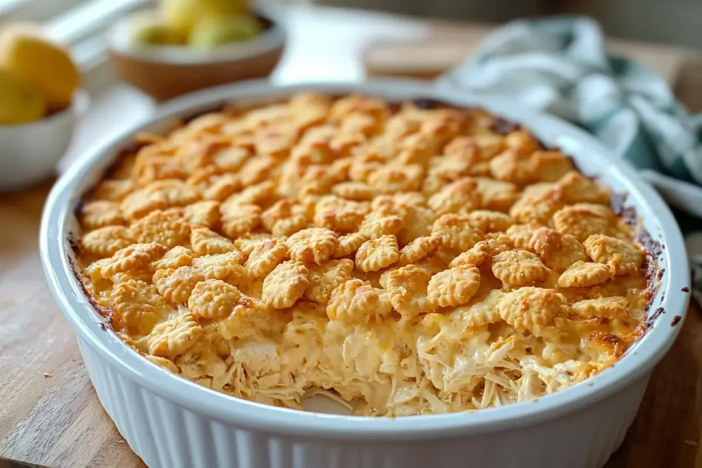 Freshly baked Ritz Chicken Casserole in a beautiful kitchen